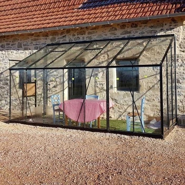 serre adossée Rubis 8,40 m² noire aluminium et verre trempé ciel mon jardin