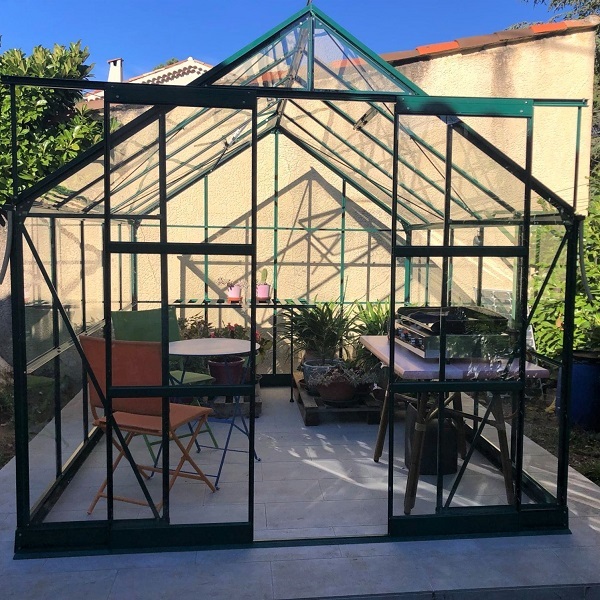 serre Saphir 9,10 m² verte aluminium et verre trempé ciel mon jardin